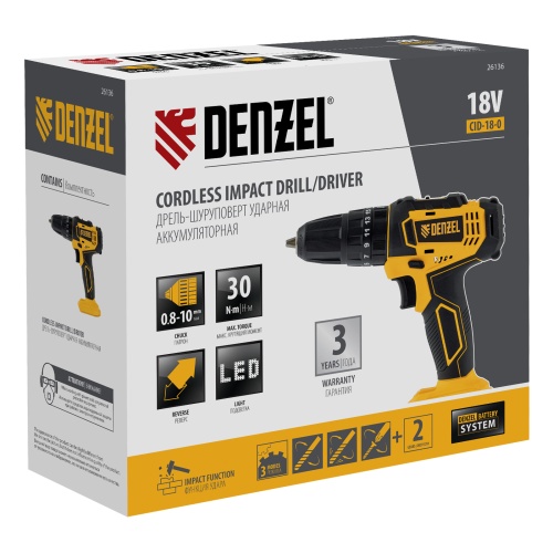 Дрель-шуруповерт аккумуляторная ударная CID-18-0, Li-Ion, 18 В Denzel фото 6