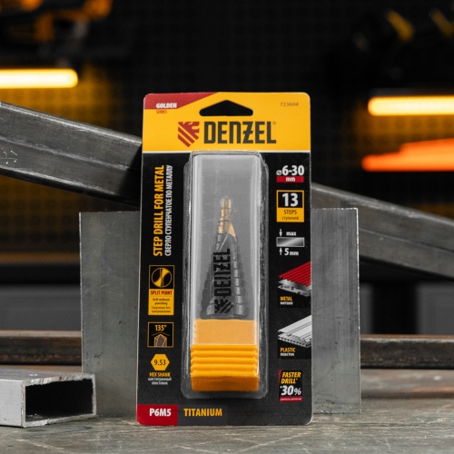 Сверло ступенчатое, 6-8-10-12-14-16-18-20-22-24-26-28-30мм, Р6М5, 6-гр. хвостовик Denzel фото 8
