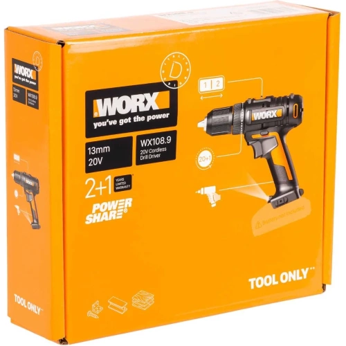 Аккумуляторная дрель-шуруповерт WORX 45Нм, 20В, без АКБ и ЗУ WX108.9 фото 10