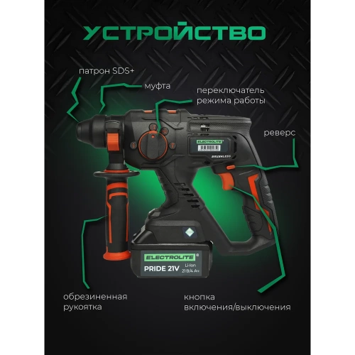 Аккумуляторный бесщеточный перфоратор Electrolite BHD 26 21V 2 АКБ, 4 Ач, 2.6 Дж, кейс, оснастка 6148 фото 7