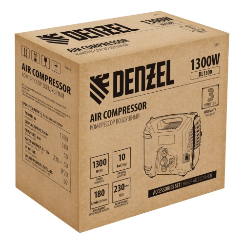 Компрессор воздушный DL1300, 10 бар, 1,3 кВт 180 л/мин 5 л, с набором аксессуаров Denzel фото 8 Компрессор воздушный DL1300, 10 бар, 1,3 кВт 180 л/мин 5 л, с набором аксессуаров Denzel фото 8