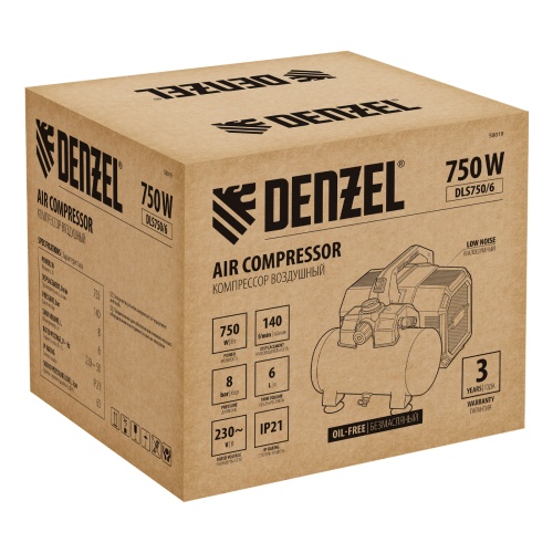 Компрессор  DLS750/6 безмасляный малошумный 750 Вт, 140 л/мин,ресивер 6 л Denzel фото 7