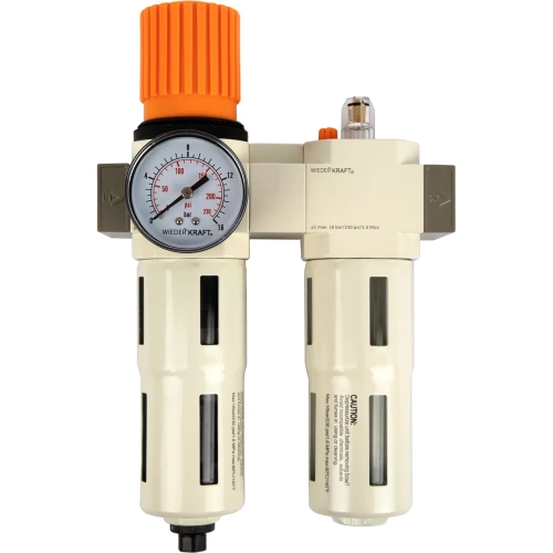 Блок подготовки воздуха WIEDERKRAFT 1/2, 16 бар с влагоотделителем 5 мк, лубрикатором и регулятором давления WDK-70140FA Блок подготовки воздуха WIEDERKRAFT 1/2, 16 бар с влагоотделителем 5 мк, лубрикатором и регулятором давления WDK-70140FA