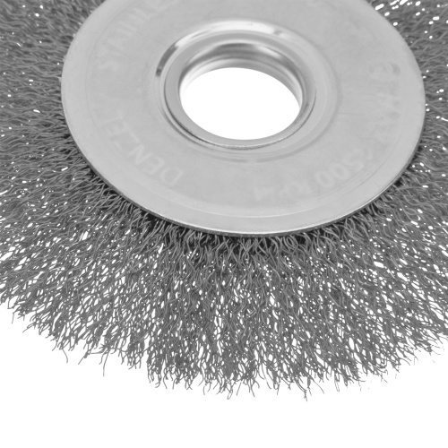 Щетка для УШМ, 125 мм, "Плоская", витая нержавеющая проволока 0.3 мм, посадка 22.2 мм Denzel фото 3 Щетка для УШМ, 125 мм, "Плоская", витая нержавеющая проволока 0.3 мм, посадка 22.2 мм Denzel фото 3