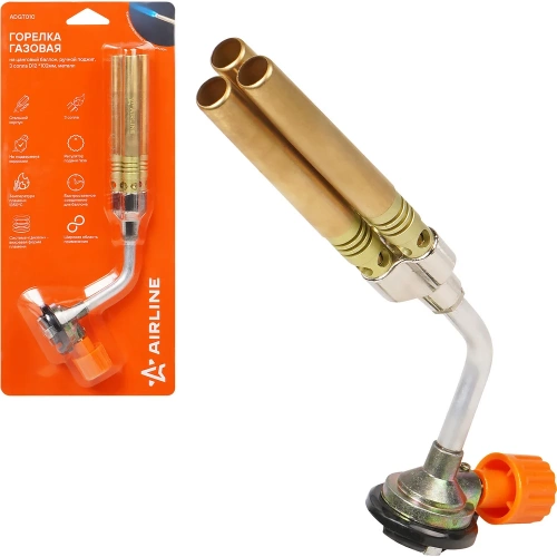 Горелка газовая Airline на цанговый баллон, ручн.поджиг, 3 сопла D12x102мм, металл ADGT010
