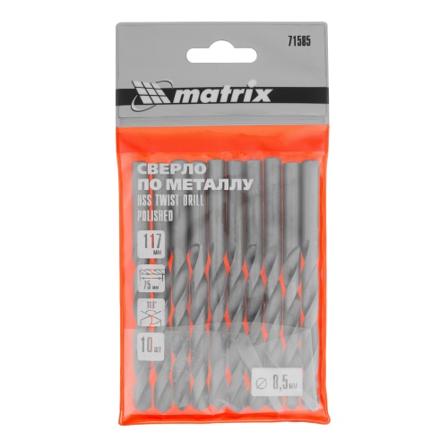 Сверло по металлу, 8.5 мм, полированное, HSS, 10 шт, цилиндрический хвостовик Matrix фото 4