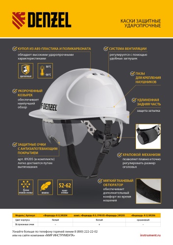 Каска защитная ударопрочная, ABS/PC, плавная регулировка, модель «Форвард» (К-05)белая Denzel фото 20