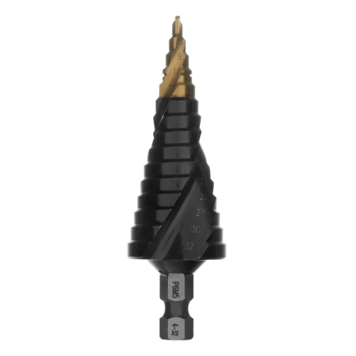 Сверло ступенчатое, 4-6-8-10-12-14-16-18-20-22-24-26-28-30-32 мм, Р6М5, 6-гр. хвостовик Denzel фото 2