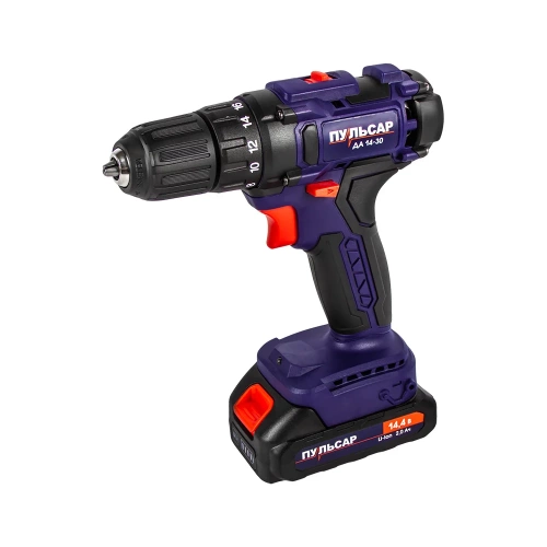 Аккумуляторная безударная дрель ПУЛЬСАР ДА 14-30 14,4 В, 30 Hm, Li-on, 2,0 Ah, 2 аккумулятора, кейс 916-950 Аккумуляторная безударная дрель ПУЛЬСАР ДА 14-30 14,4 В, 30 Hm, Li-on, 2,0 Ah, 2 аккумулятора, кейс 916-950