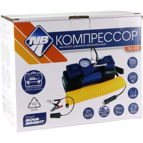 Компрессор Nova Bright АК-75L двухпоршневой, до 50 л/мин, 150 PSI, 12В, металлический корпус, в сумке, LED-фонарь 36451 фото 3
