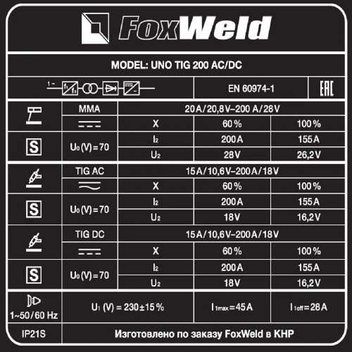 Аппарат аргонодуговой сварки FOXWELD UNO TIG 200 AC/DC 6790 фото 9