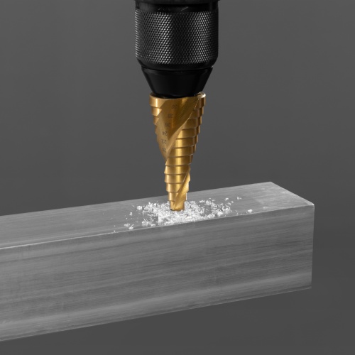 Сверло ступенчатое, 6-8-10-12-14-16-18-20-22-24-26-28-30 мм, HSS, спиральный профиль, трехгранный хвостовик Matrix фото 6