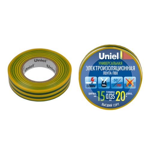 Изолента ПВХ Uniel UIT-135P 15 мм желто-зеленая 20 м