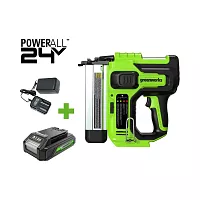 Нейлер GreenWorks GD24BN, 24V, б/щет, 100 уд/мин, гвозди 18GA, LED, 1x2Ач,ЗУ, коробка  3400707VUA