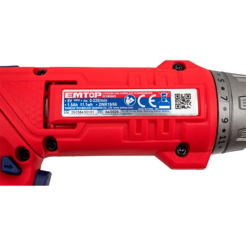 Отвертка аккумуляторная emtop напряжение: 8 В Шестигранный хвостовик: 1/4 " Скорость холостого хода: 220 об / мин Максимальный крутящий момент: 6 Нм ECSR0803 фото 9