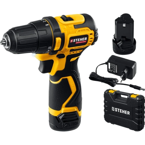 Бесщеточная дрель-шуруповерт STEHER 12 В, 35 Нм, 2 АКБ х 2 Ач, кейс CDB-120-2 Бесщеточная дрель-шуруповерт STEHER 12 В, 35 Нм, 2 АКБ х 2 Ач, кейс CDB-120-2