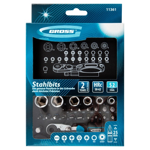 Набор бит и головок торцевых, 1/4, магнитный адаптер, сталь S2, пластиковый кейс, 26 предметов Gross фото 4