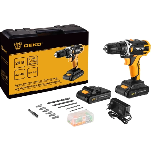 Аккумуляторная дрель-шуруповерт Banger 20V ONE + в кейсе + набор 63 инструмента для дома, 20В, 2x1.5Ач DEKO 083-1043 фото 3 Аккумуляторная дрель-шуруповерт Banger 20V ONE + в кейсе + набор 63 инструмента для дома, 20В, 2x1.5Ач DEKO 083-1043 фото 3