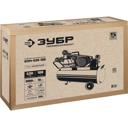 Ременной воздушный компрессор ЗУБР Профессионал, 380 В, 530 л/мин, 100 л ресивер, 3000 Вт, КПМ-530-100 фото 3