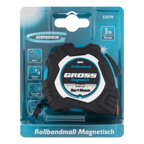 Рулетка Magnetisch 3 м х 16 мм,обрезиненный корпус,автоматическая фиксация,Нейлоновое покрытиеытие,зацеп с магнитом Gross фото 7