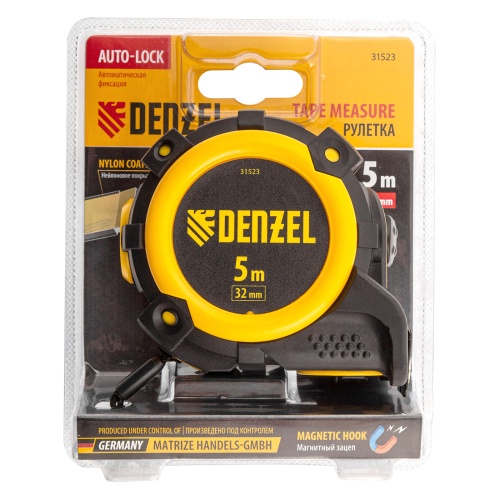 Рулетка 5м х 32мм, автоматич. фиксац., нейлон. покрытие, магнит. зацеп, двухстор. разметка Denzel фото 6