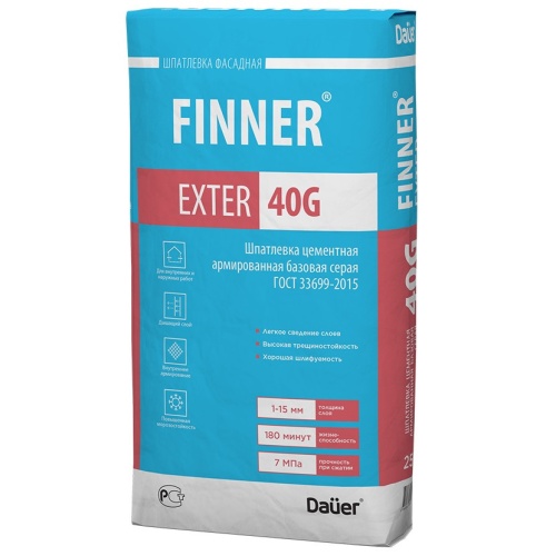Шпатлевка цементная базовая Dauer Finner Exter 40 G армированная серая 25 кг