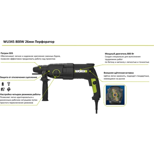 Перфоратор WORX Professional WU345 800 Вт, 3 Дж, 5500 уд/мин фото 3 Перфоратор WORX Professional WU345 800 Вт, 3 Дж, 5500 уд/мин фото 3