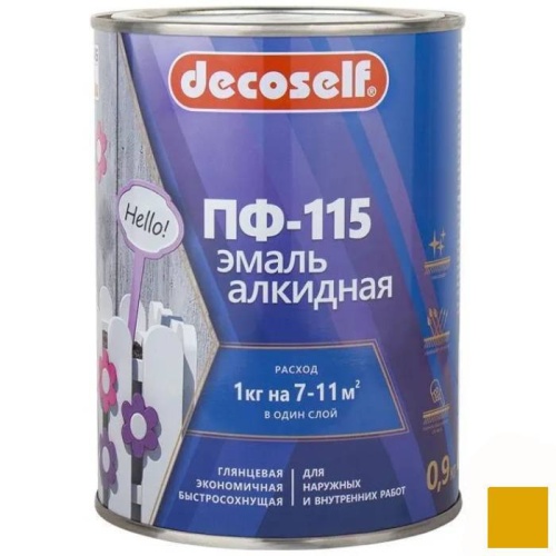 Эмаль Pufas Decoself ПФ-115 желтая 0,9 кг/0,67 л Эмаль Pufas Decoself ПФ-115 желтая 0,9 кг/0,67 л