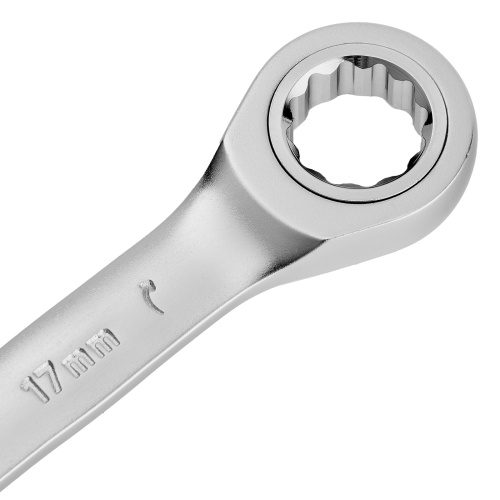 Ключ комбинированный трещоточный, 17 мм, CrV, матовый хром Denzel фото 4