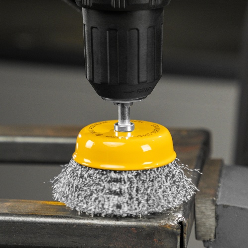 Щетка для дрели, 75 мм, Чашка, со шпилькой, нержавеющая витая проволока Denzel фото 11