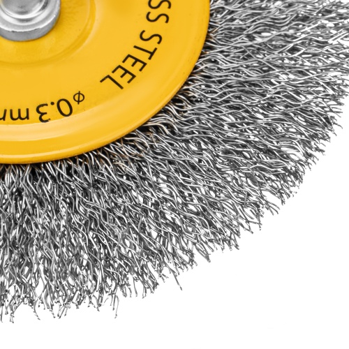Щетка для дрели 100 мм, Плоская, со шпилькой, нержавеющая витая проволока Denzel фото 3 Щетка для дрели 100 мм, Плоская, со шпилькой, нержавеющая витая проволока Denzel фото 3