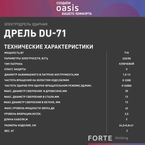 Электрическая ударная дрель OASIS DU-71 фото 9