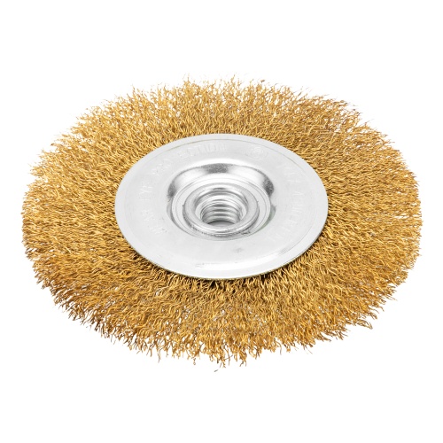 Щетка для УШМ, 125 мм, М14, плоская, латунированная витая проволока Matrix Щетка для УШМ, 125 мм, М14, плоская, латунированная витая проволока Matrix
