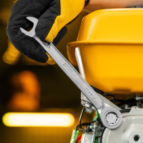 Ключ комбинированный трещоточный, 13 мм, CrV, матовый хром Denzel фото 7