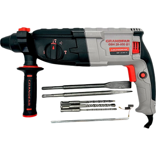 Перфоратор GRANDFAR (щетки 1 пара, зубило плоское 1 шт, пика 1 шт, бур 6/100,8/100,10/100 по 1 шт ) GBH28-850G1