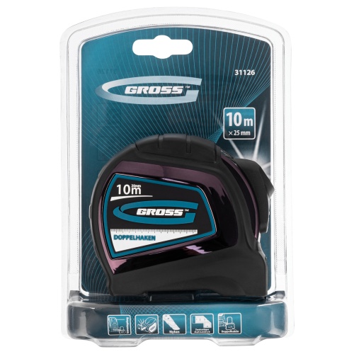 Рулетка "Doppelhaken",10 м x 25 мм,двухсторонний зацеп,Нейлон,двусторонняя шкала,автоматическая фиксация Gross фото 6