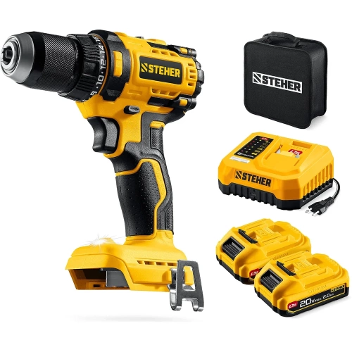 Бесщеточная дрель-шуруповерт STEHER 20 В, 65 Н·м, 2 АКБ LMS (2 А·ч), сумка CB-65-22