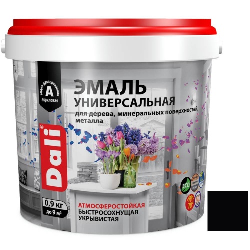 Эмаль универсальная акриловая Dali 80237 атмосферостойкая полуматовая база А черная RAL 9005 0,9 кг