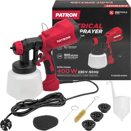 Краскопульт ручной электрический PATRON (230В, 400Вт, объем бачка 1л, макс.расход краски 800мл/мин) P-SG100-640H(65061)