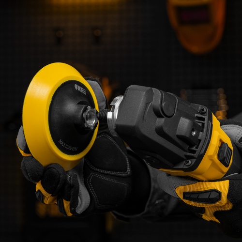 Тарелка опорная для дрели и УШМ с липучкой, 115 мм, мягкая, с адаптером c М14 на d8 Denzel фото 11