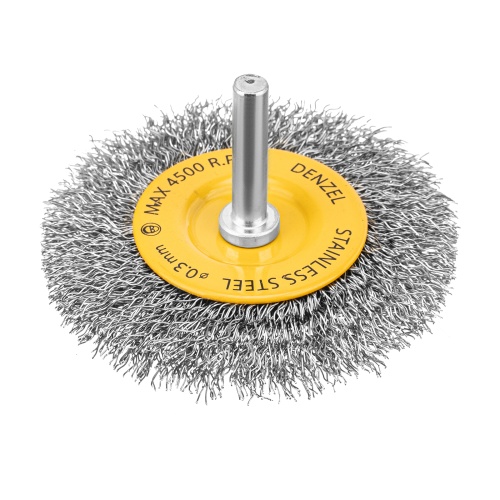 Щетка для дрели, 75 мм, Плоская, со шпилькой, нержавеющая витая проволока Denzel Щетка для дрели, 75 мм, Плоская, со шпилькой, нержавеющая витая проволока Denzel
