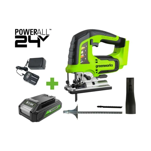 Лобзик GreenWorks GD24JS, 24V, б/щет, 100мм, 800-3000/мин, 4-ст.маятник, алюмниевая подошва, LED, 1x2Ач, ЗУ, коробка 3601407VUA фото 3 Лобзик GreenWorks GD24JS, 24V, б/щет, 100мм, 800-3000/мин, 4-ст.маятник, алюмниевая подошва, LED, 1x2Ач, ЗУ, коробка 3601407VUA фото 3