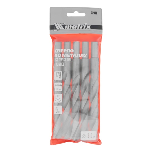 Сверло по металлу, 16 мм, полированное, HSS, 5 шт, цилиндрический хвостовик Matrix фото 5