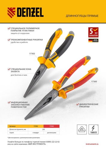 Длинногубцы прямые 205 мм, трехкомпонентные рукоятки Denzel фото 11