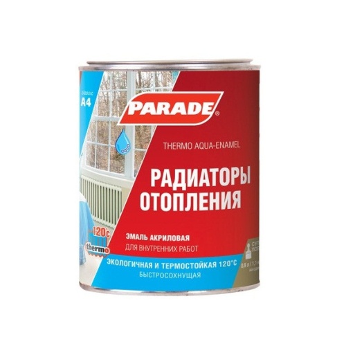 Эмаль акриловая Parade Classic A4 Радиаторы отопления термостойкая полуматовая белая 0,9 л