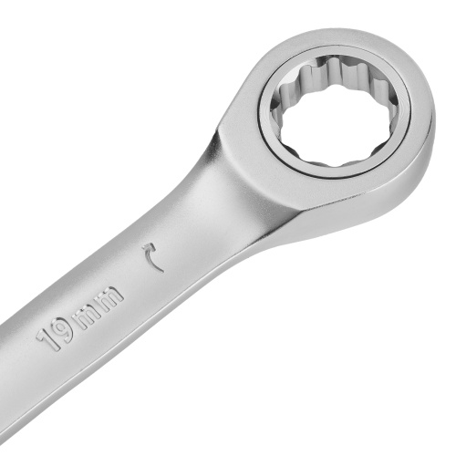 Ключ комбинированный трещоточный, 19 мм, CrV, матовый хром Denzel фото 4
