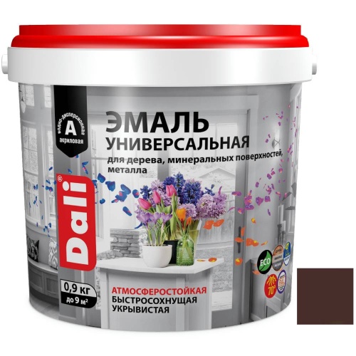 Эмаль универсальная акриловая Dali 80235 атмосферостойкая полуматовая база А коричневая RAL 8017 0,9 кг