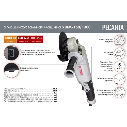 Углошлифовальная машина Ресанта УШМ-150/1300 75/12/6 фото 3 Углошлифовальная машина Ресанта УШМ-150/1300 75/12/6 фото 3