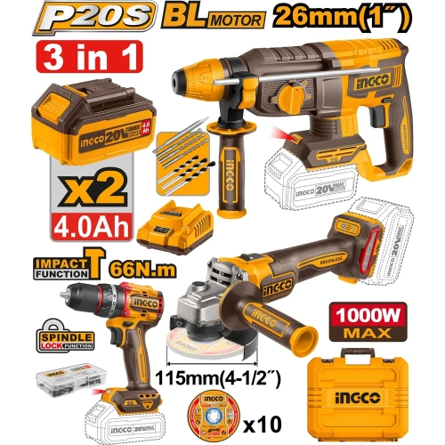 Набор аккумуляторного инструмента INGCO 3 шт 20В INDUSTRIAL COSLI241198 фото 3 Набор аккумуляторного инструмента INGCO 3 шт 20В INDUSTRIAL COSLI241198 фото 3