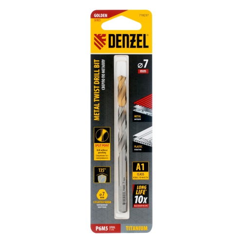 Сверло спиральное по металлу 7,0 x 109 мм, Р6М5, Golden Tip  Denzel фото 5